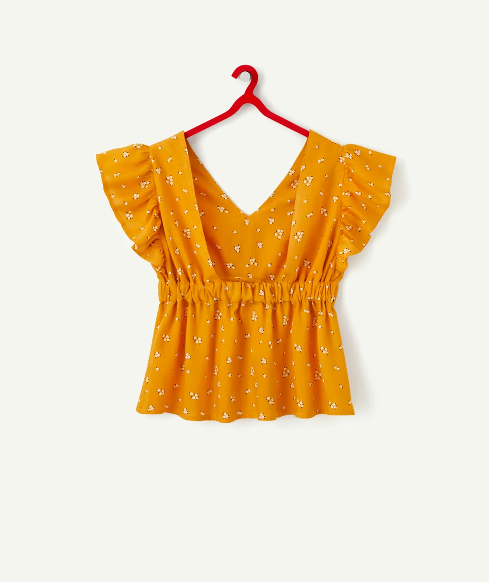 BLOUSE FILLE MOUTARDE EN VISCOSE RESPONSABLE AVEC IMPRIMÉ FLEURI