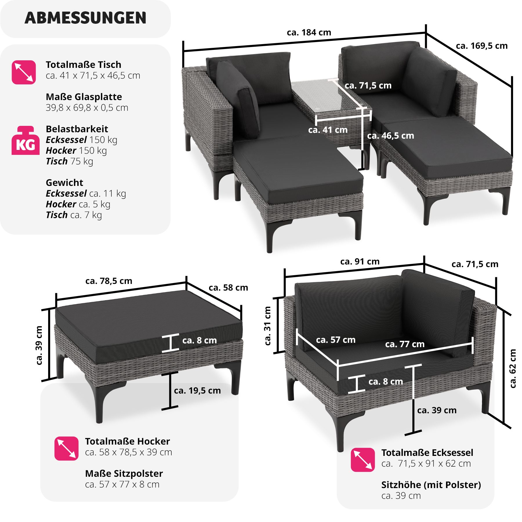 tectake® Rattan Lounge, mit Aluminiumgestell, wetterfest und UV-beständig, mit Sicherheitsglasplatte