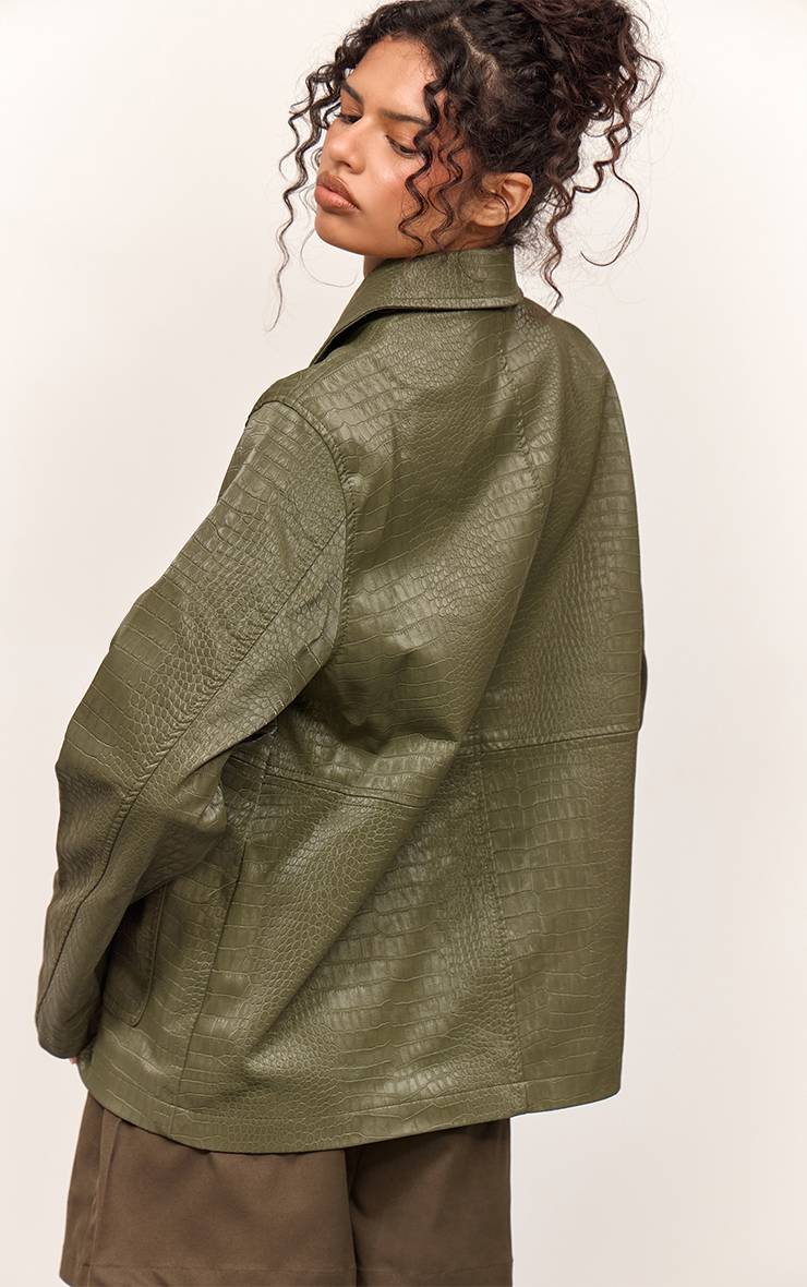Vert Veste Longue En Synthétiquecuir Gaufré Forest À Patte De Boutonnage Dissimulée