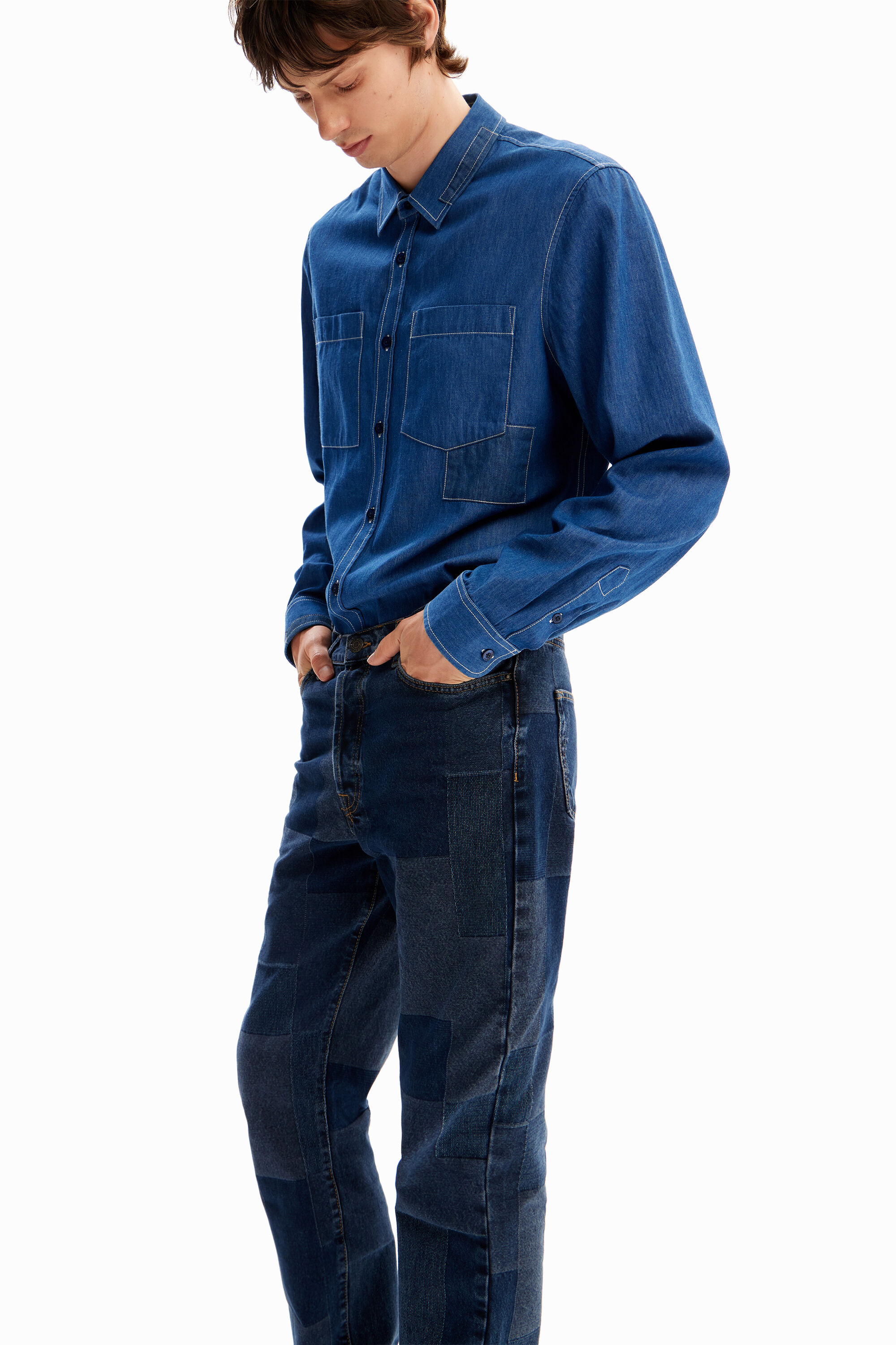 calça jeans xadrez reta