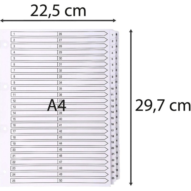 Intercalaire A4 carte blanc Exacompta 50 onglets numériques - 1 jeu