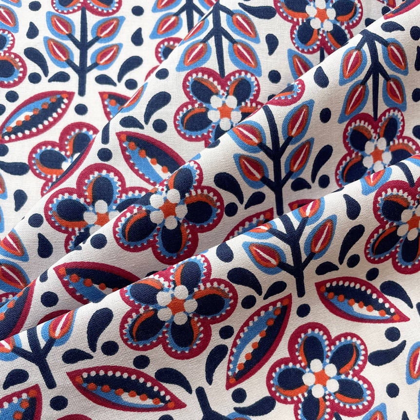 Tissu Coton Au Mètre Ex2474 Folkofleur Rouge Bleu