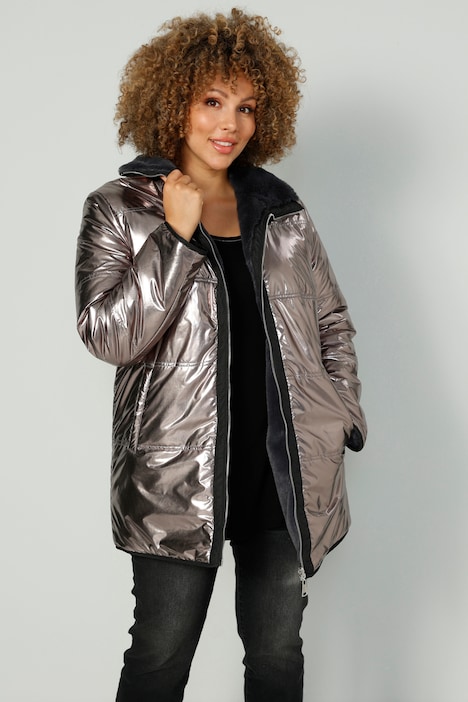 Wendejacke, Metallic-Look, Webpelz, Stehkragen, Zipper