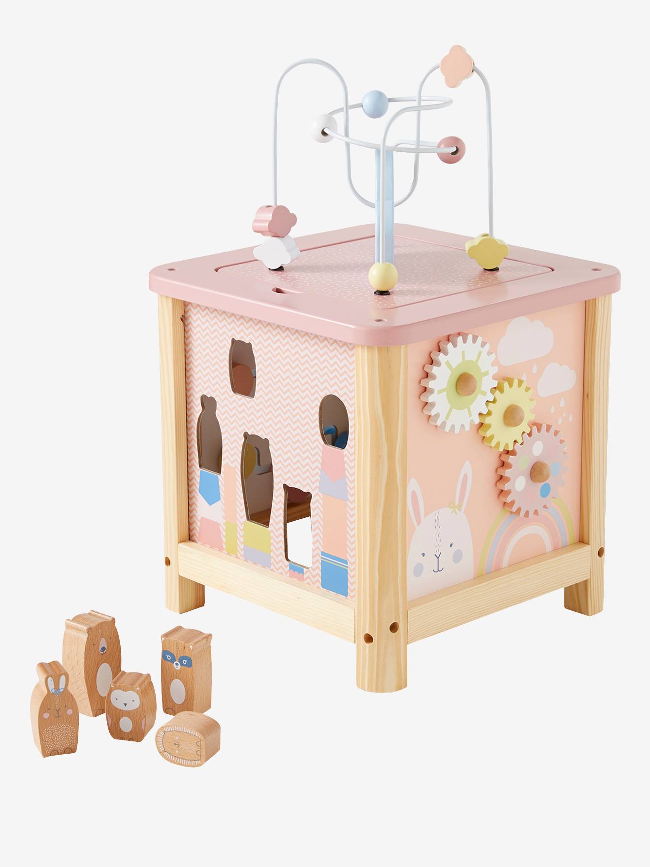 Cubo de atividades grande, feito de madeira com certificação FSC®. Rosa