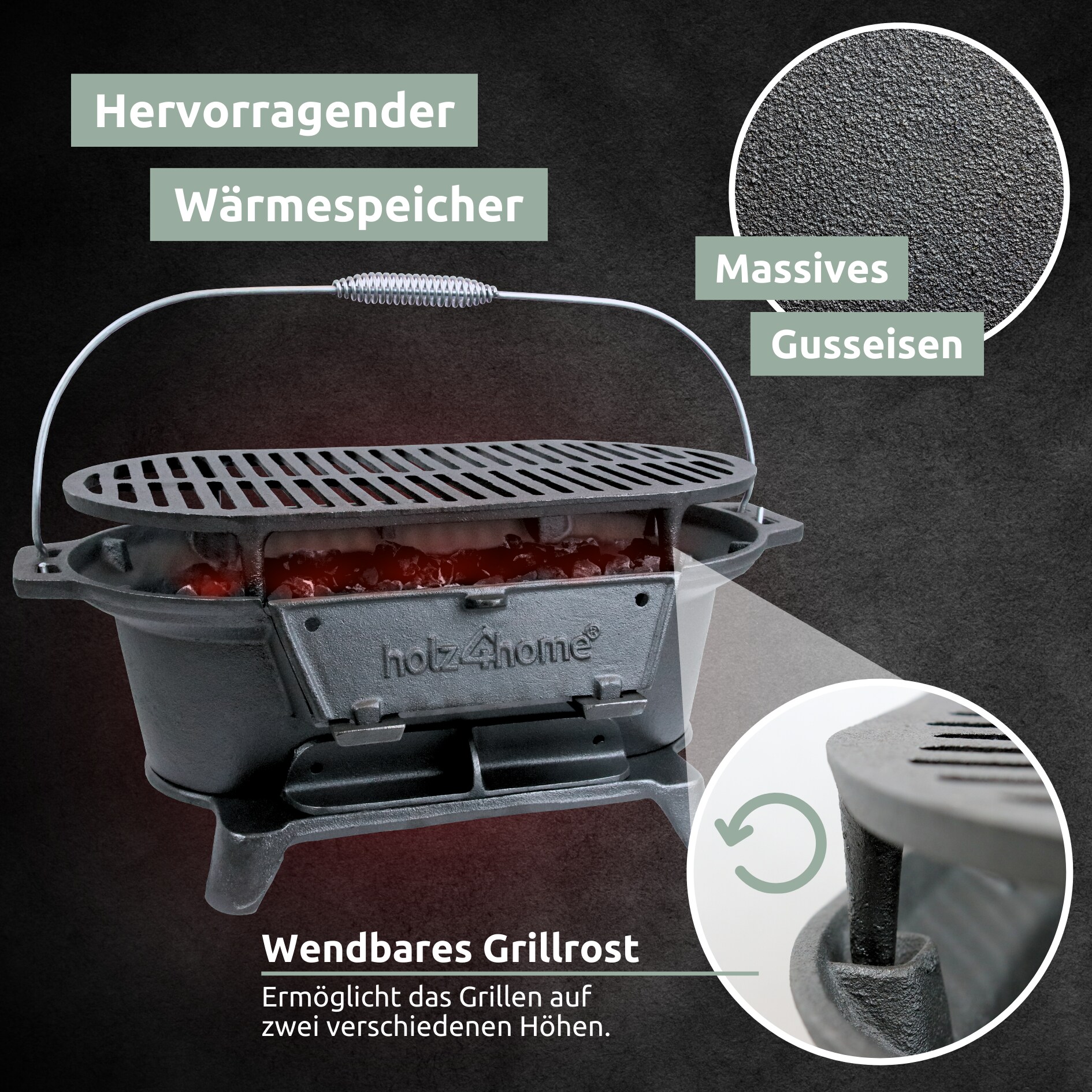 holz4home® XXL Gusseisen Holzkohle Grill mit Grillrost | Camping Grill, Hibachi Style