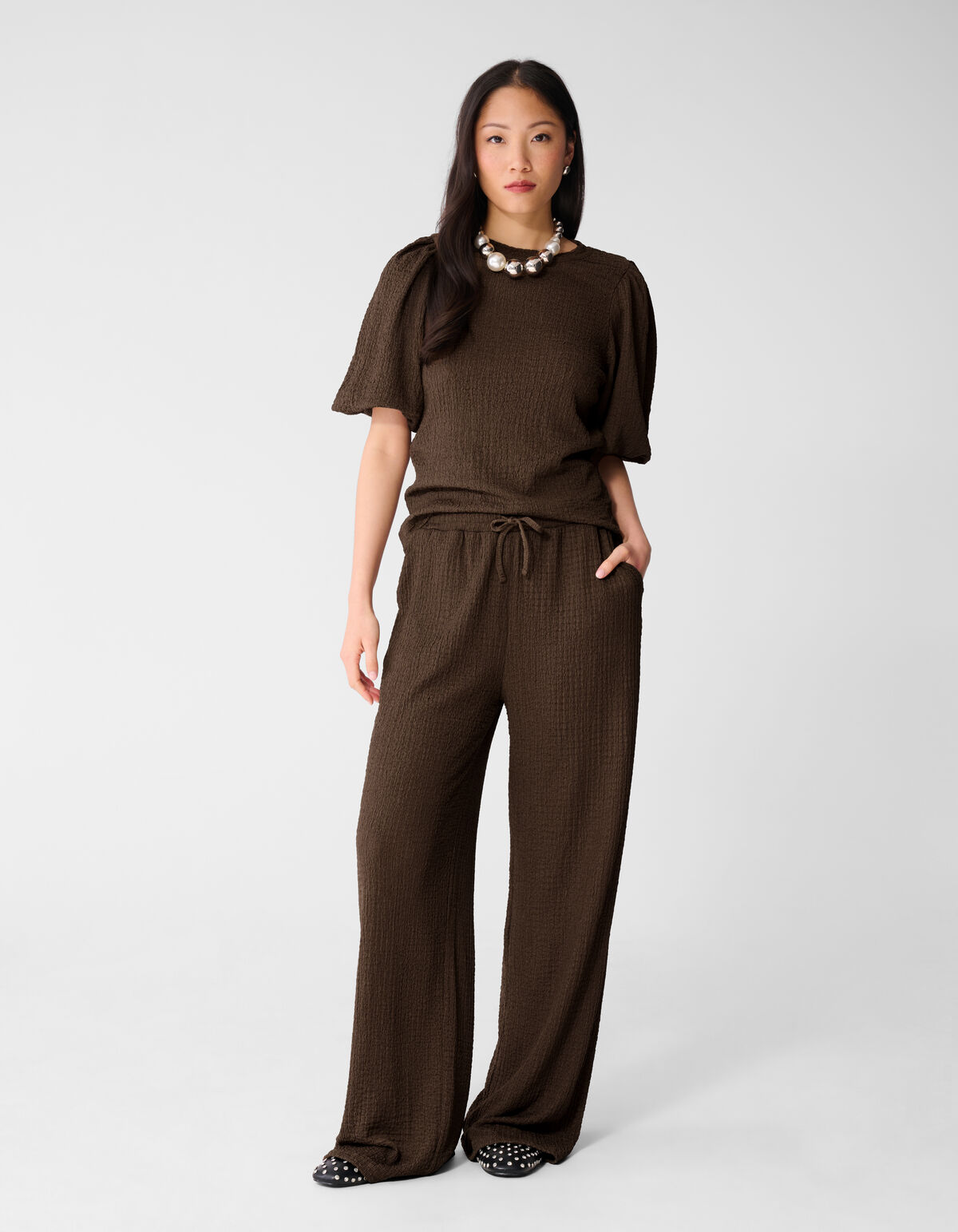 Crinkle Wide Leg Fit Broek Bruin