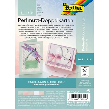 Folia Perlmutt Doppelkarten, ca. 10,5 x 15 cm, 250g/qm, 5er Set, pastell
