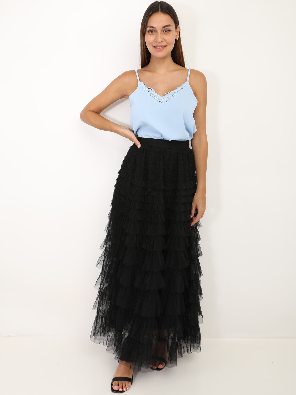 Jupe longue en tulle à volants- Noir