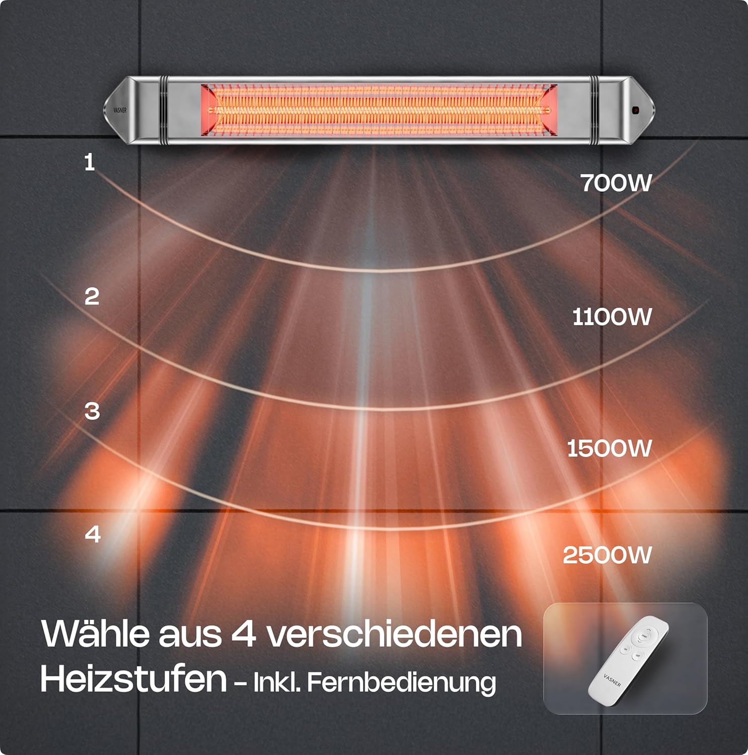 VASNER Teras 25 Infrarot Heizstrahler Terrasse - Terrassenstrahler 2500 W elektrisch - 4 Heizstufen Terassenheizer - Infrarotstrahler Terassenheizstrahler außen outdoor - Mit Fernbedienung (silber)