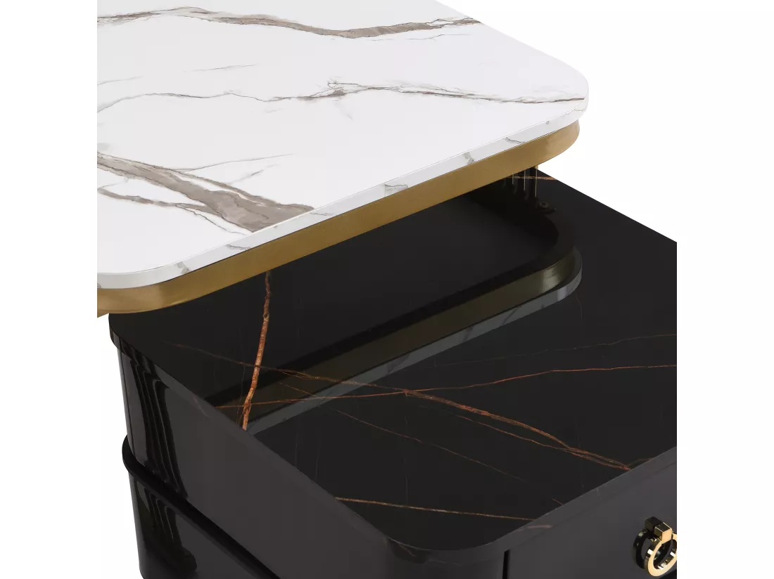 Lot de 2 tables basses gigognes avec 2 tiroirs - plateau en MDF à motif de marbre - Blanc