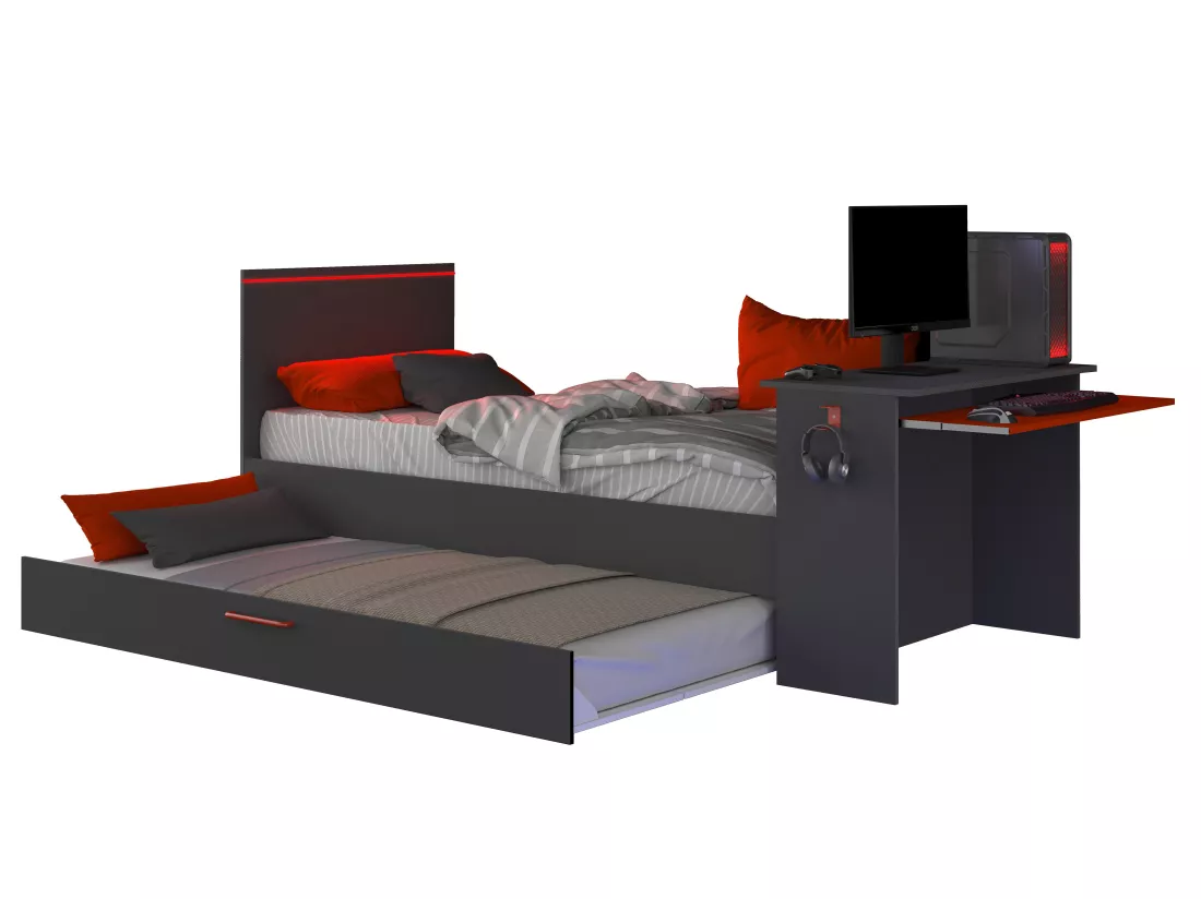 Lit gigogne gamer 90 x 200 et 90 x 190 cm - Avec bureau - LEDs - Anthracite et rouge + Matelas + Sommier - VOUANI