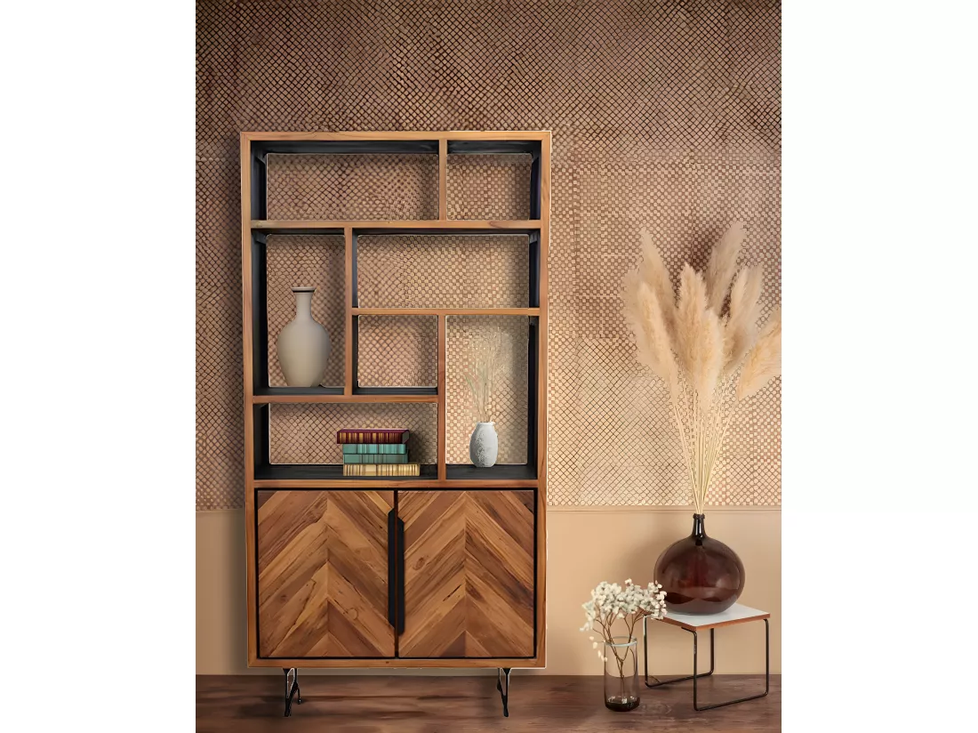 Kappa - Petite bibliothèque industrielle en teck maffis recyclé avec motif chevron 100 cm