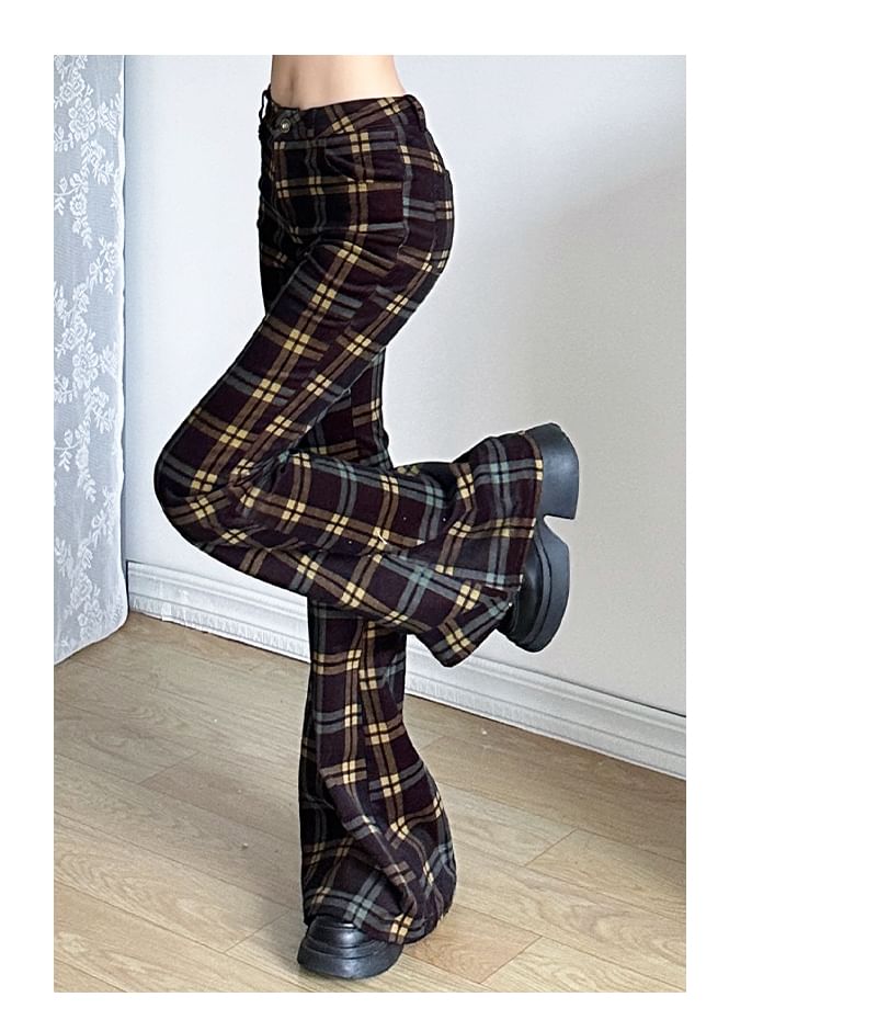 GAGAO - Middelhoge geruite corduroy uitlopende broek