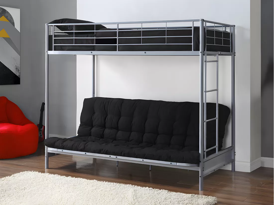 Lit mezzanine 90 x 190 cm - Avec banquette convertible - Métal - Argent - MODULO V