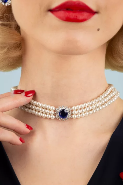 Lovely Lady Diana parel choker ketting in saffierblauw