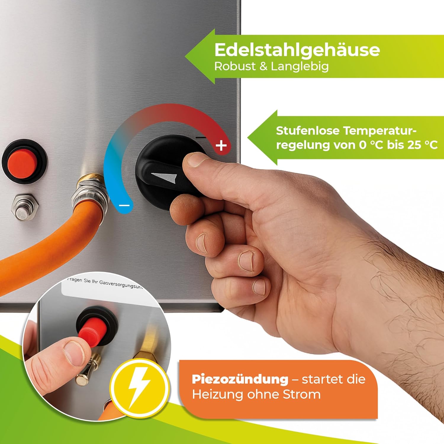 Bio Green Gas-gewächshausheizung EcoPilot, 4500 Watt, Silber, Thermostat-Regelbereich: 0° – 20° C, Edelstahl, Outdoor, Gas, 38x17x40 cm, für Gewächshäuser bis 22m², Bodenmontage