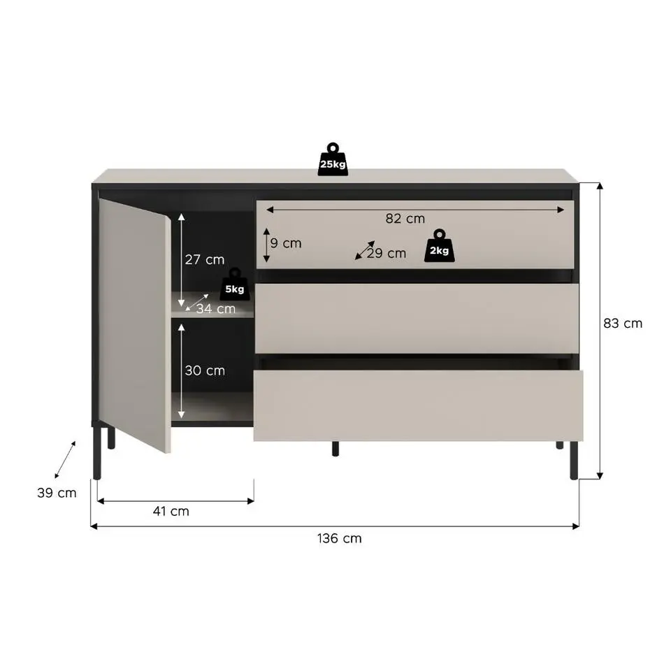 Hioshop Tron dressoir 1 deur- 3 lades kasjmier decor