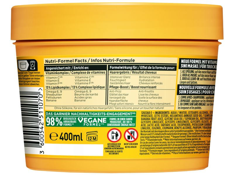 Garnier Fructis Hair Food 3in1 Maske Banana 400 ml Maske pflegt trockenes Haar intensiv und verleiht Geschmeidigkeit