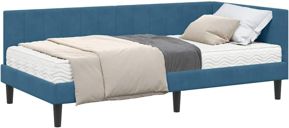 Boxspringbett mit Matratze, Einzelbett 100 x 200 cm mit Matratze, Polsterbett, Sofabett, Tagesbett, Universelle Bettseite, Bett, Schlafzimmer, Kinderzimmer, Blau