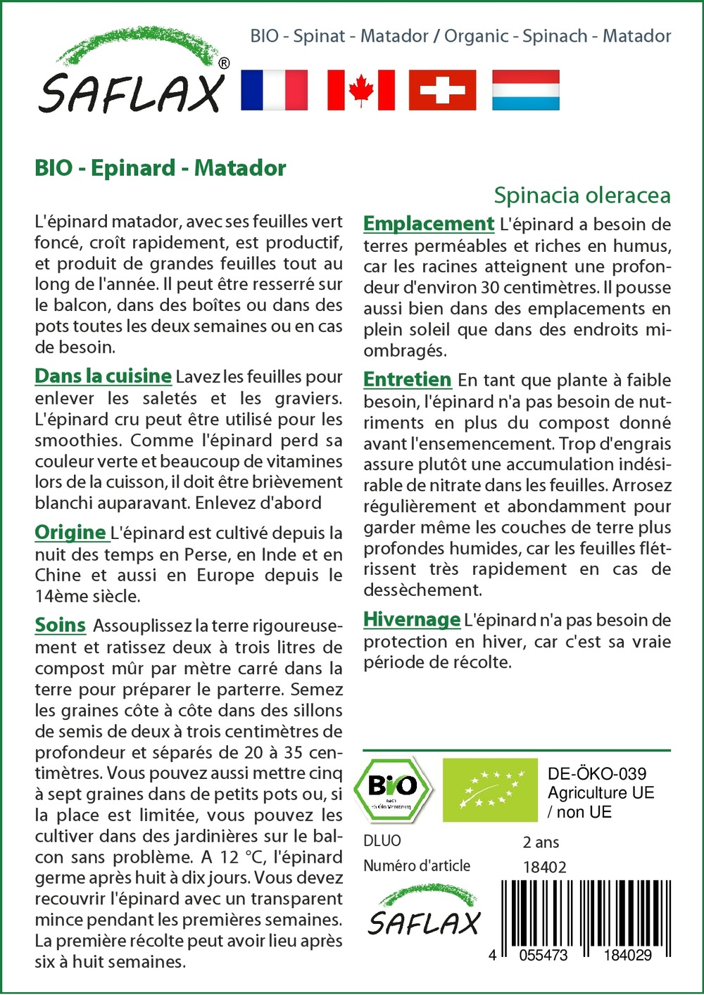 Jardin dans le sac - bio - epinard - matador - 300 graines - spinacia oleracea