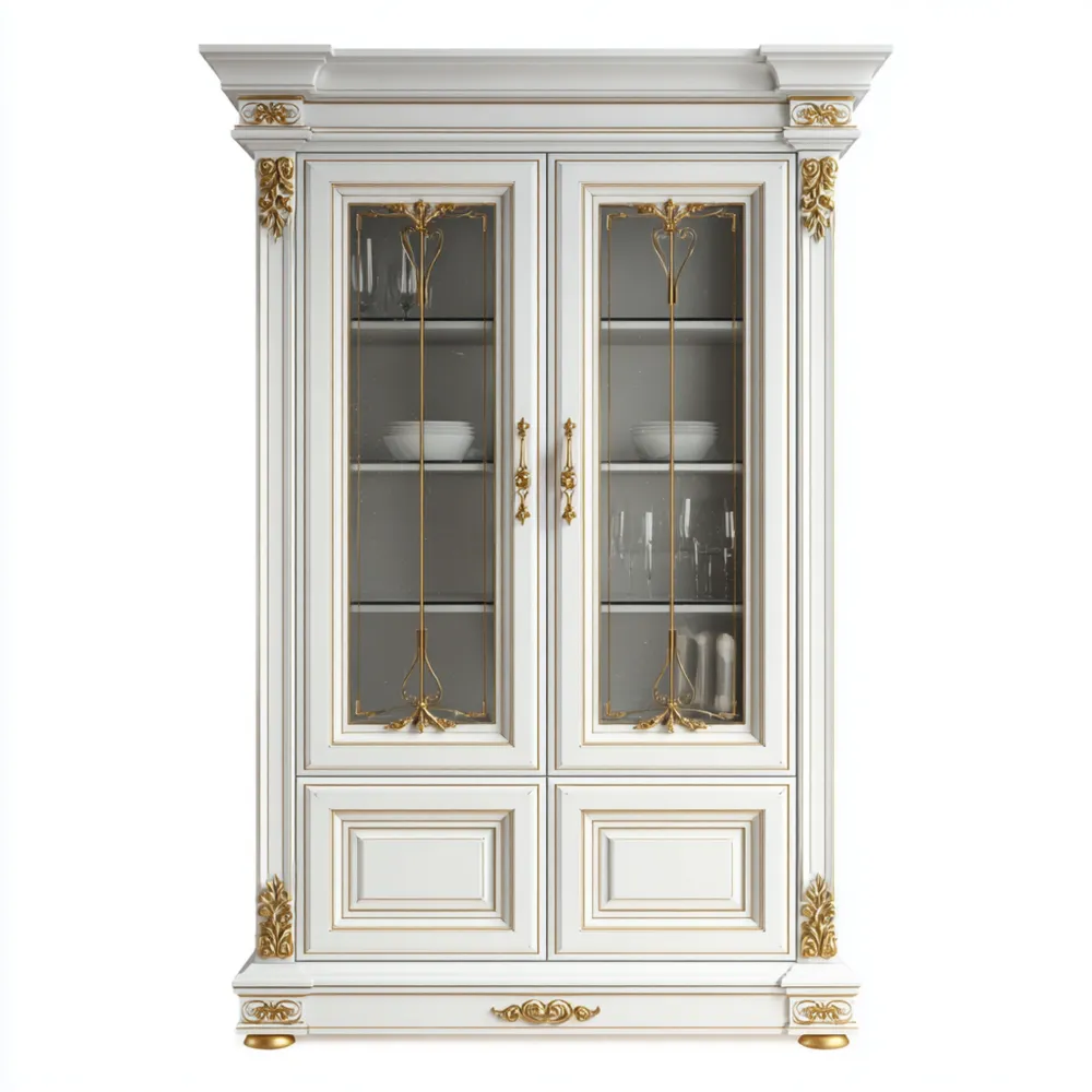 Vitrinenschrank Holz 120x40x200 cm – Weiß/Gold – Klassisches Design