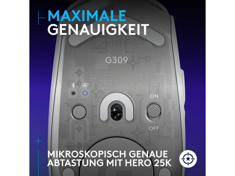Logitech Gaming-Maus G309 Lightspeed Weiss Kabellose Gaming-Maus mit Lightspeed Wireless und Bluetooth Verbindung