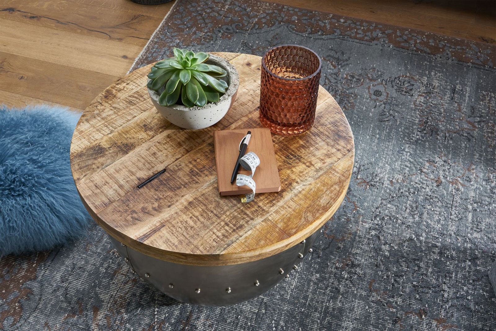 Couchtisch rund Ø 60 cm Silberfarbig/ Mango massiv