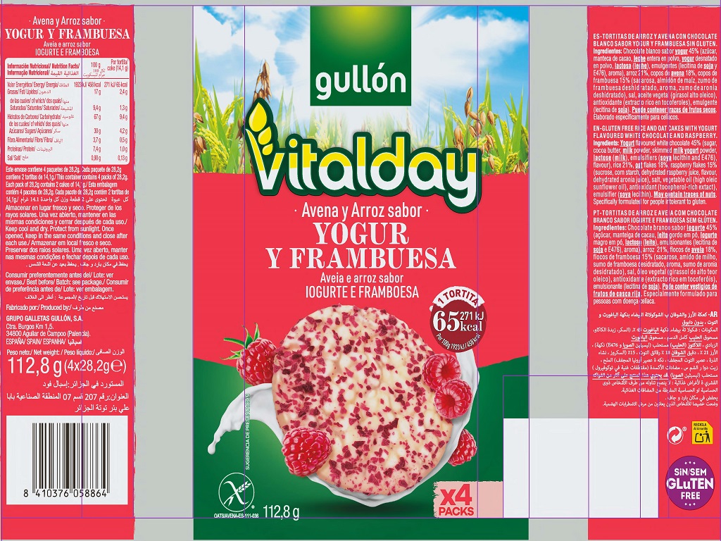 TORTITAS GULLON VITALDAY ARROZ E AVEIA IOGURTE E FRAMBOESA 112.8G