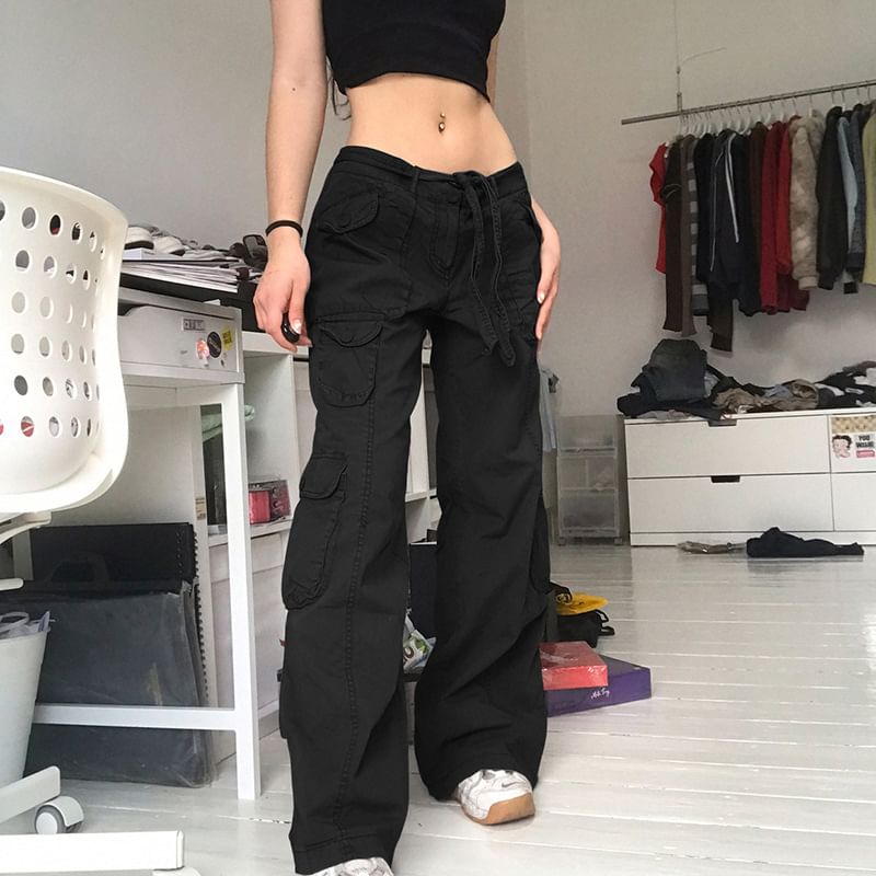 BrickBlack - Low Rise Plain Wide-Leg Cargo Jeans
