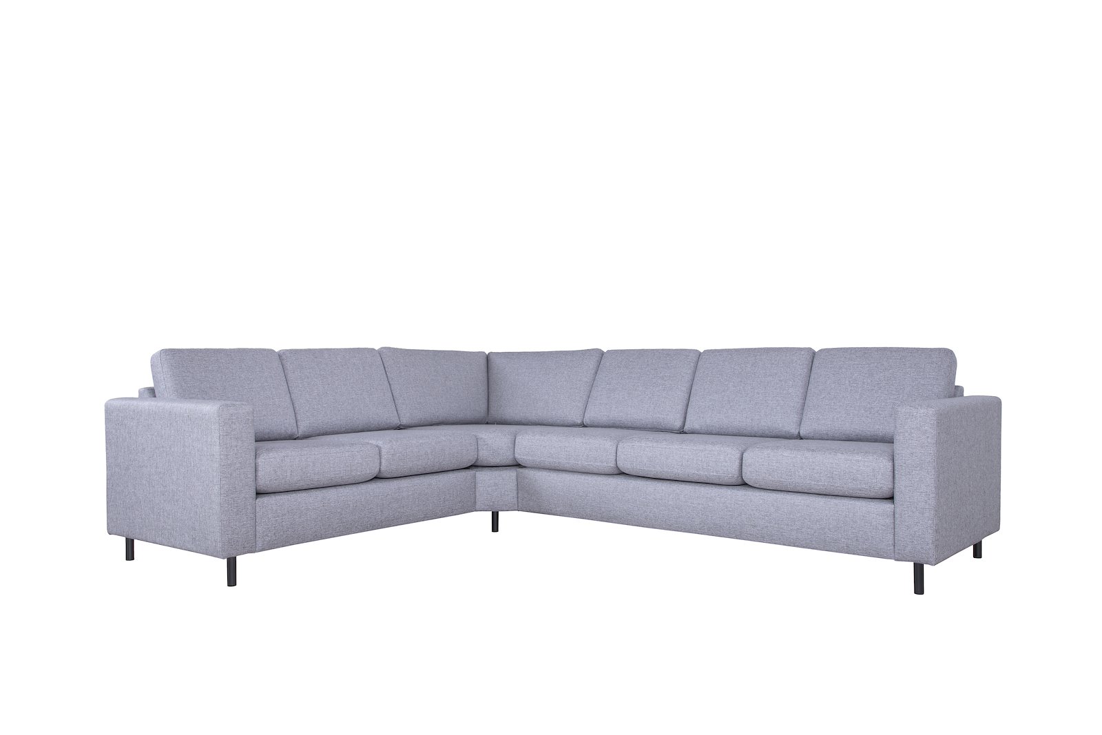 Scandinavia Oppsett C5 32/23 hjørnesofa med stort hjørne. Tekstil Rocco 570 lys grå med sorte ben. Vendbar sofa.