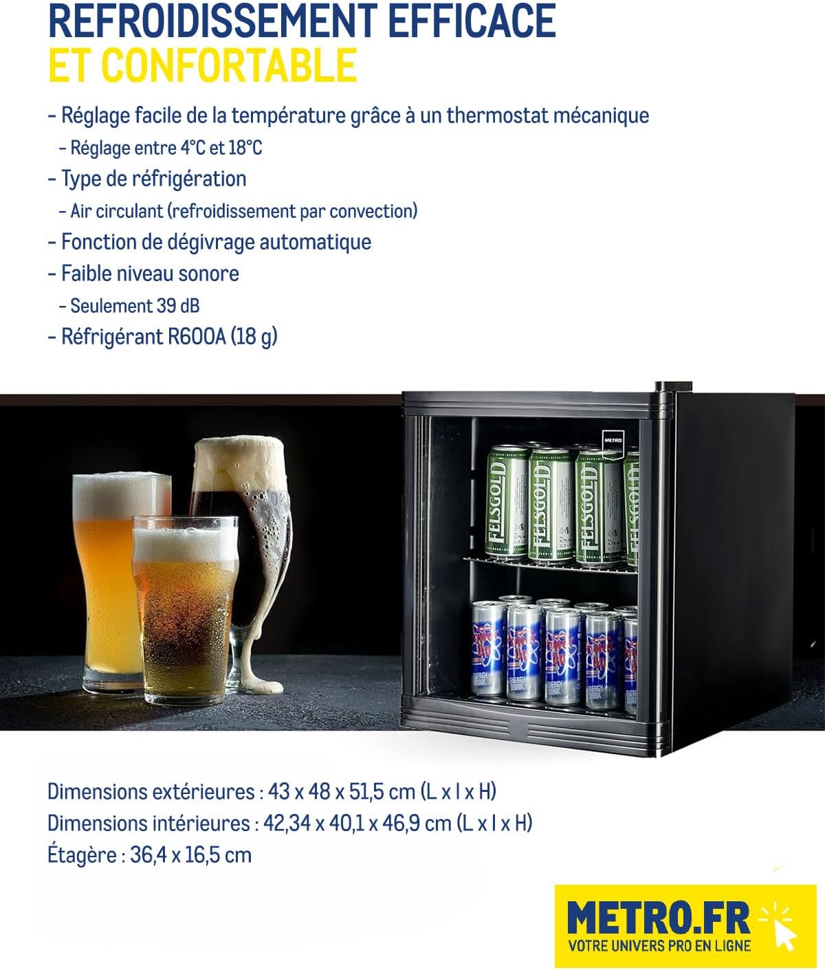 METRO Professional Réfrigérateur à boissons GPC1088, métal/verre, 43 x 49 x 83 cm, 88 L, réfrigération statique, noir