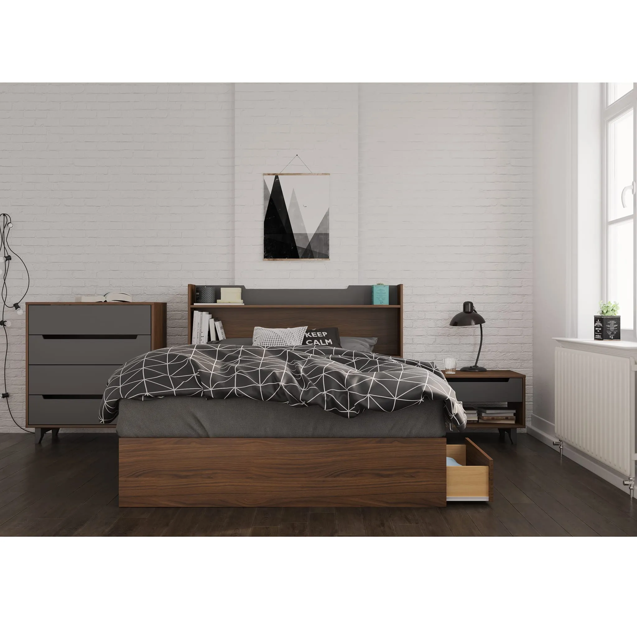 Nexera Bureau 4 Tiroirs Alibi - Noyer et Gris Charbon
