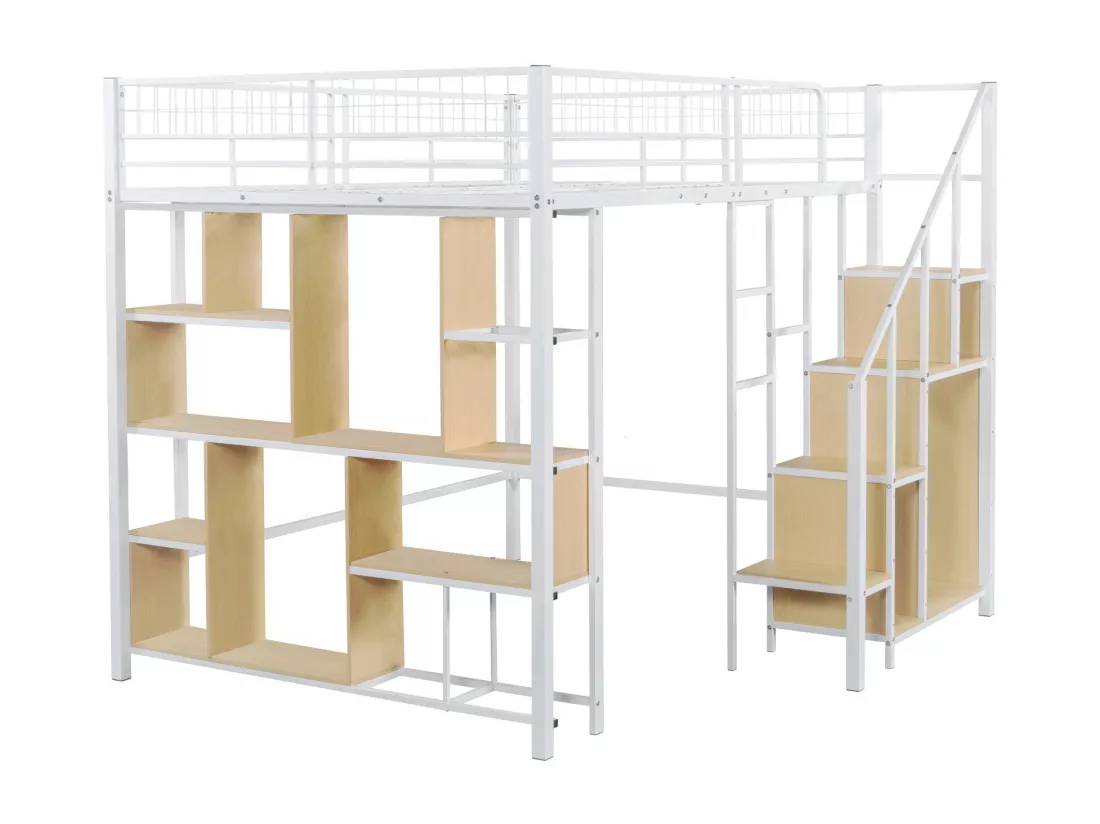 Lit mezzanine 140 x 200 cm avec armoire et étagères - Métal + Contreplaqué + MDF - Sommier à lattes - Blanc