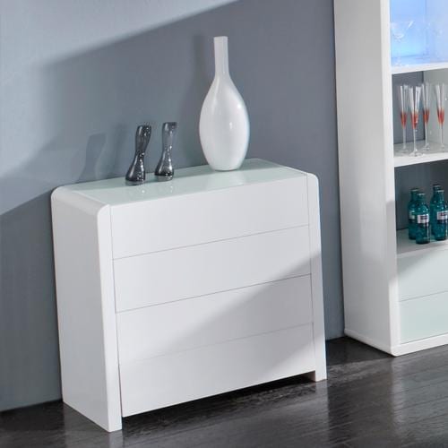Atlanta - Kommode, Stauraummöbel, Sideboard mit 4 Schubladen, Glaskomponenten, weiss hochglanz