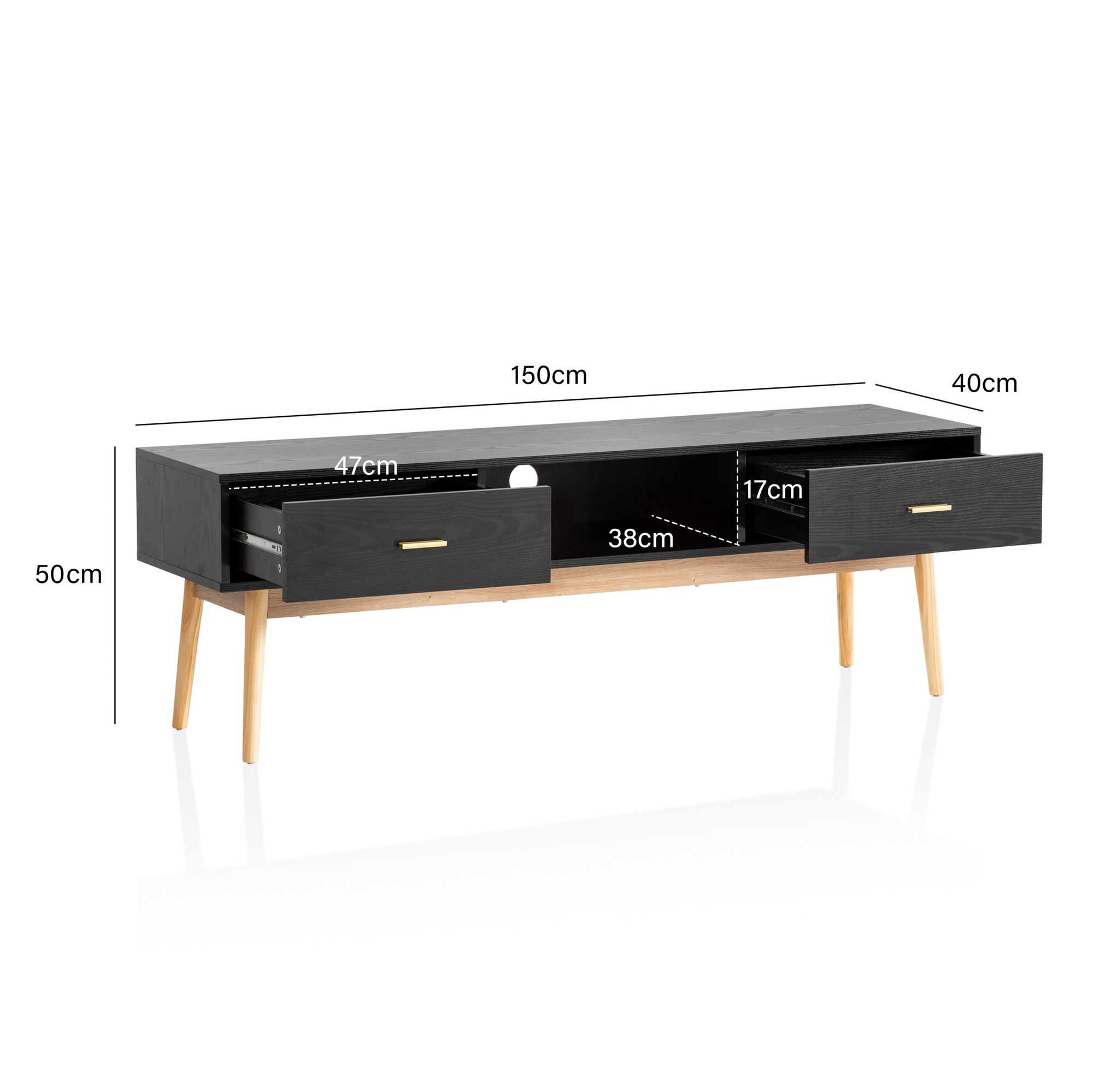Lowboard FineBuy TV Schrank 150 cm Schwarz Schubladen Fernsehkommode Eiche