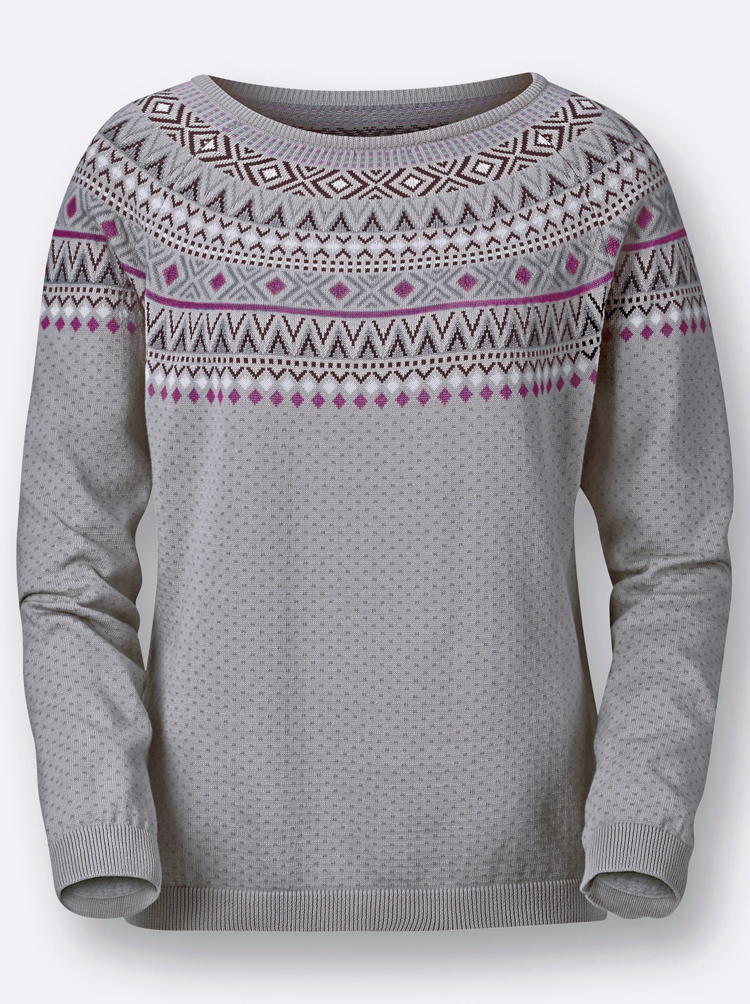 Norwegerpullover in grau-beere-gemustert