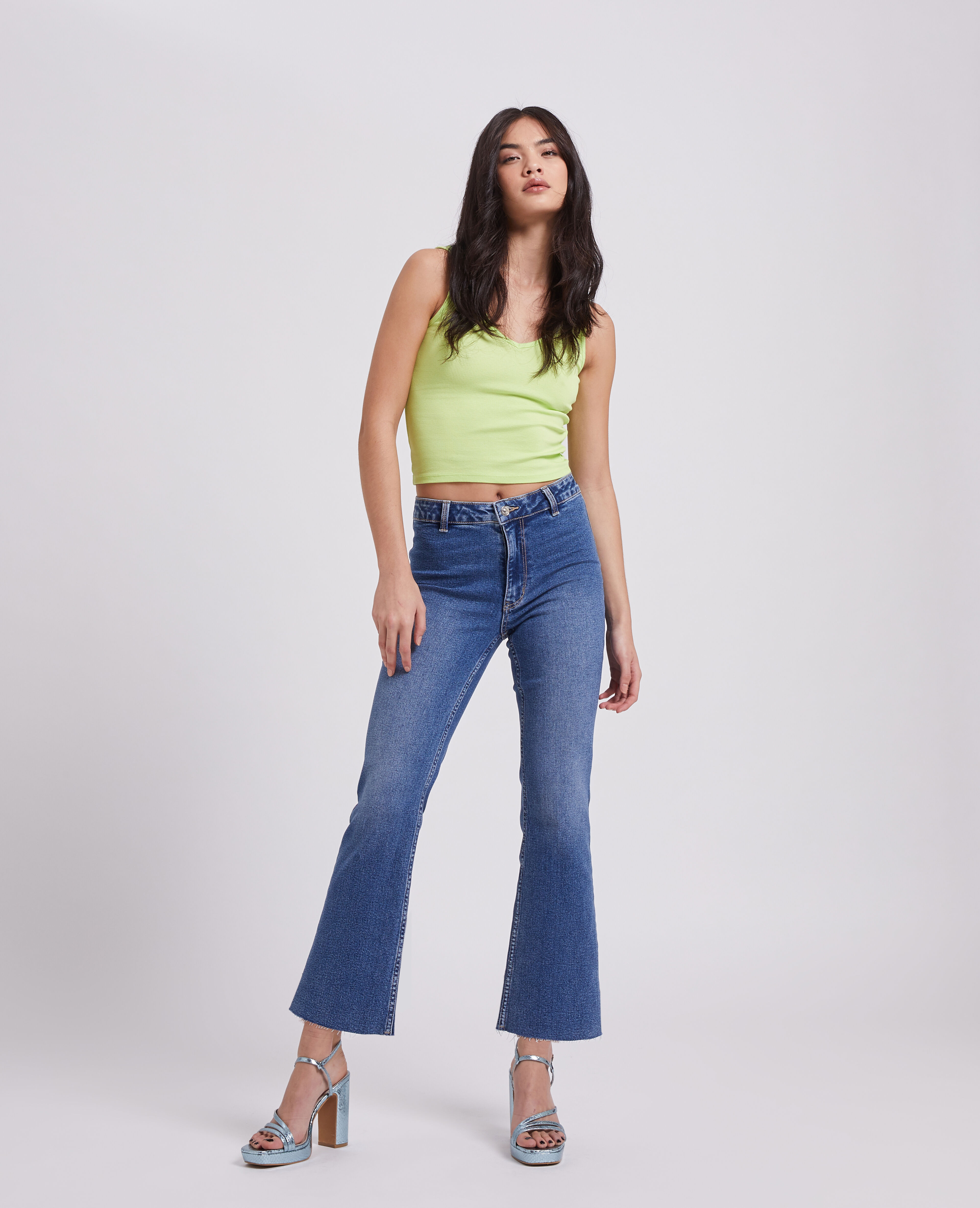 Jean flare taille haute cropped - Bleu