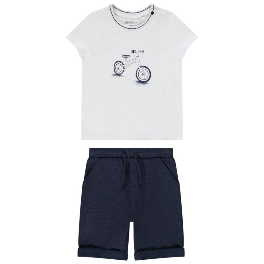 Ensemble 2 pièces t-shirt print vélo + bermuda en nid d'abeille pour bébé garçon - Blanc