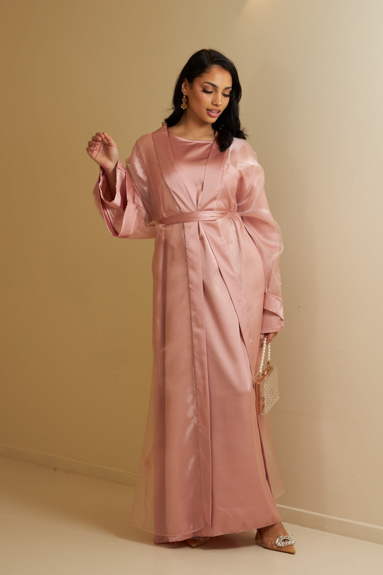 Ensemble 2 pièces abaya + kimono ceinturé rose