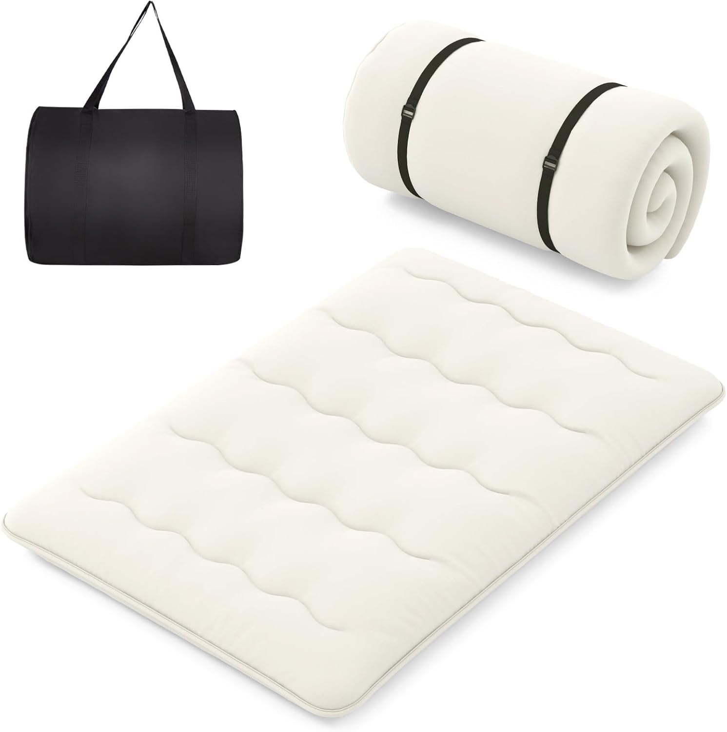 COSTWAY Japanische Futon Matratze, Tatami-Matte, Bodenmatratze, Klappmatratze mit waschbarem Bezug, Faltbare Schlafmatte mit Tragetasche, 140 x 200 cm, Beige