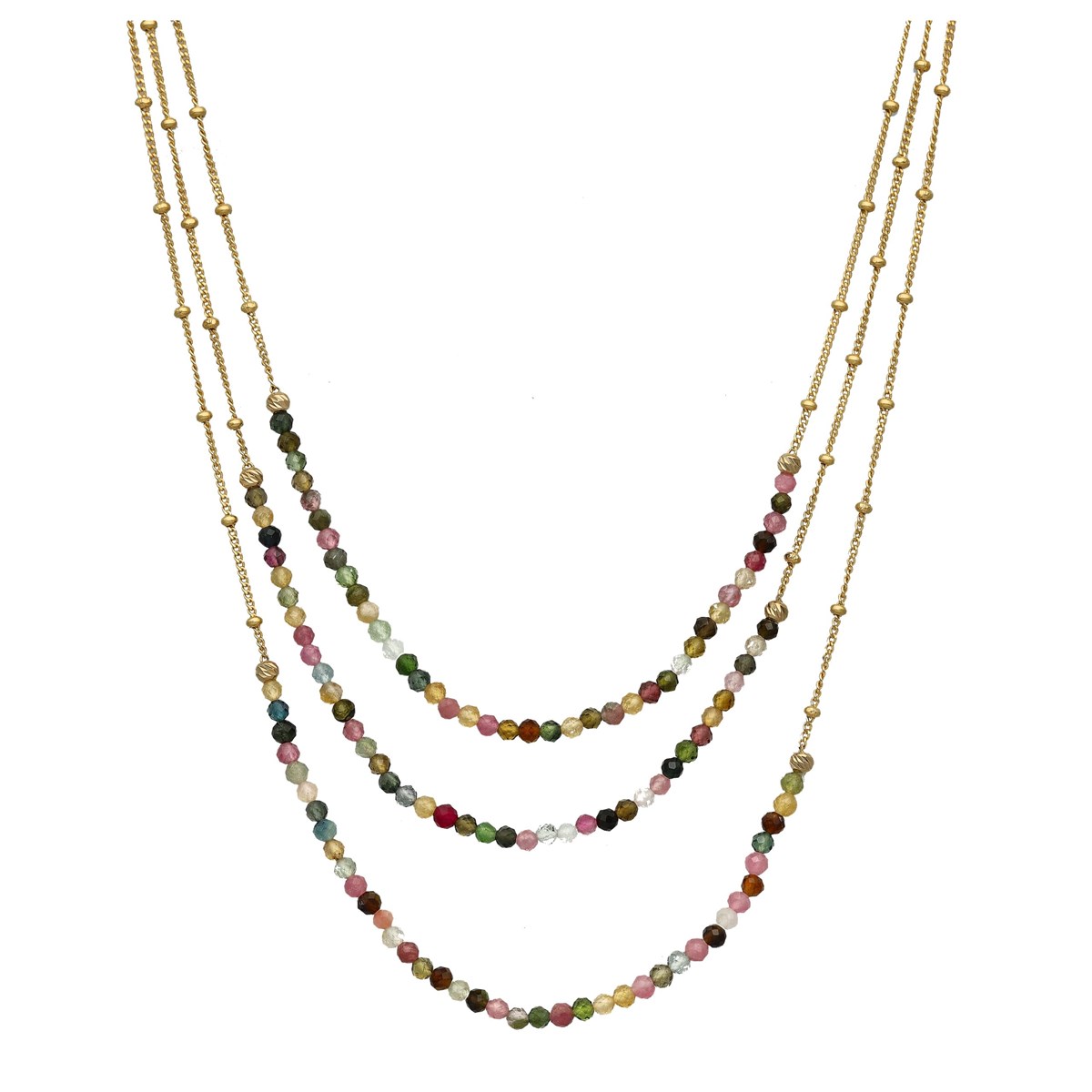 Collier Argent Dorée Trois Chaines Et Pierres Naturelles Multi Tourmaline