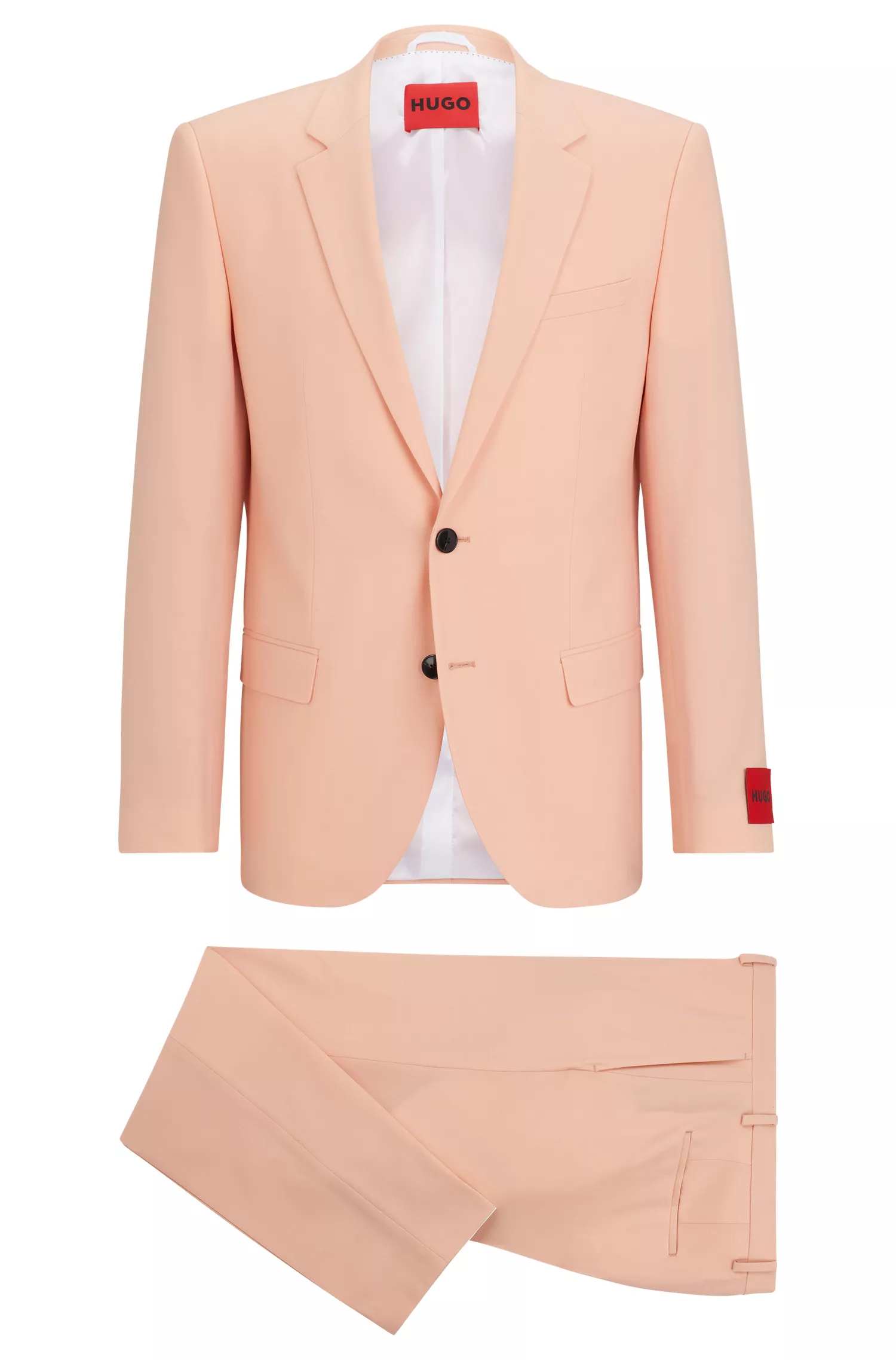 Terno HUGO vermelho, corte slim, em tecido elástico de alta performance com estampa.