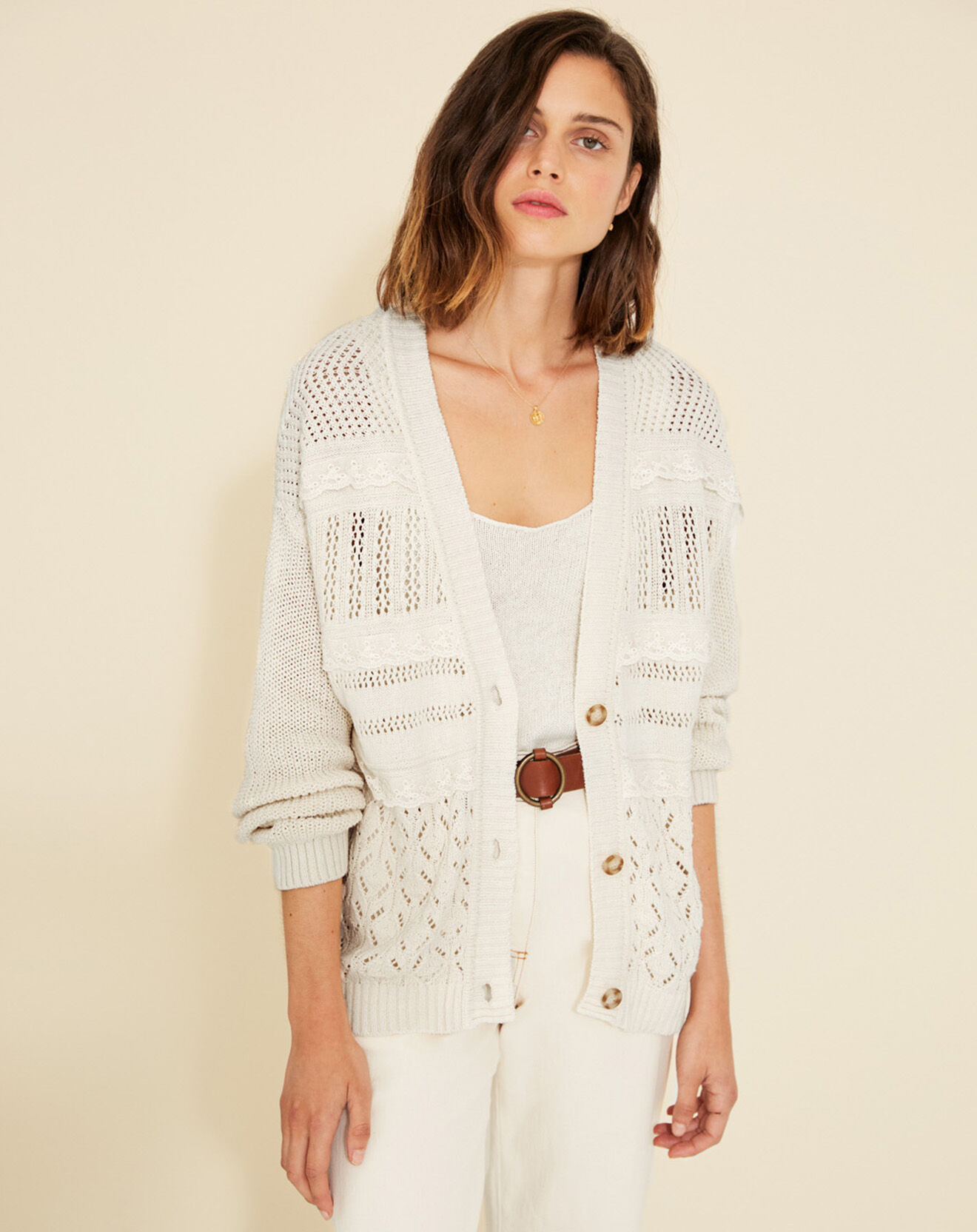 Yerse Gilet en Lin mélangé maille fantaisie Daisy écru