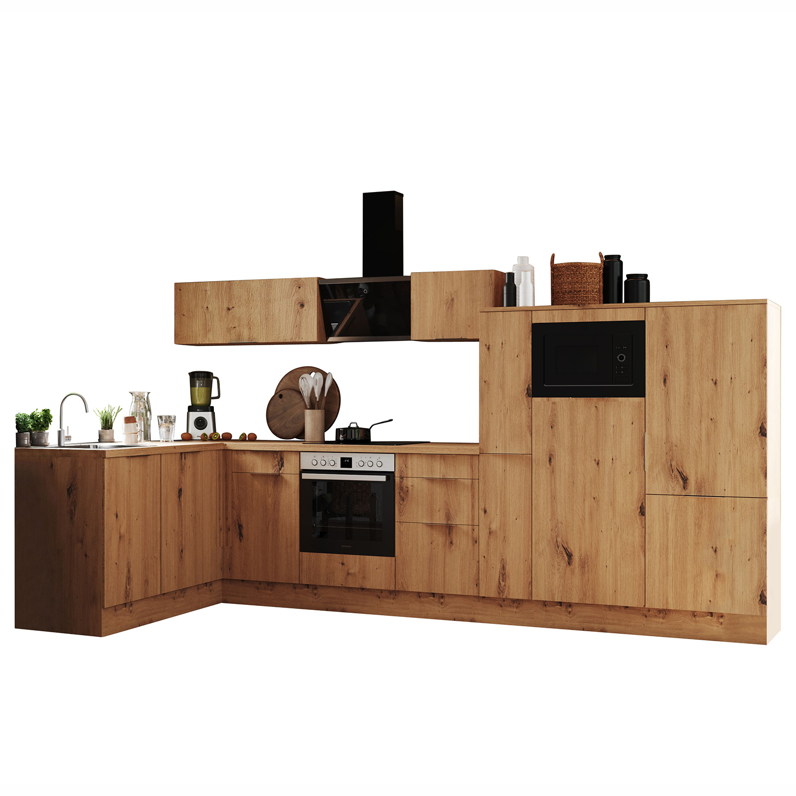 RESPEKTA Winkelküche - Artisan Eiche - mit E-Geräten - 370x175 cm