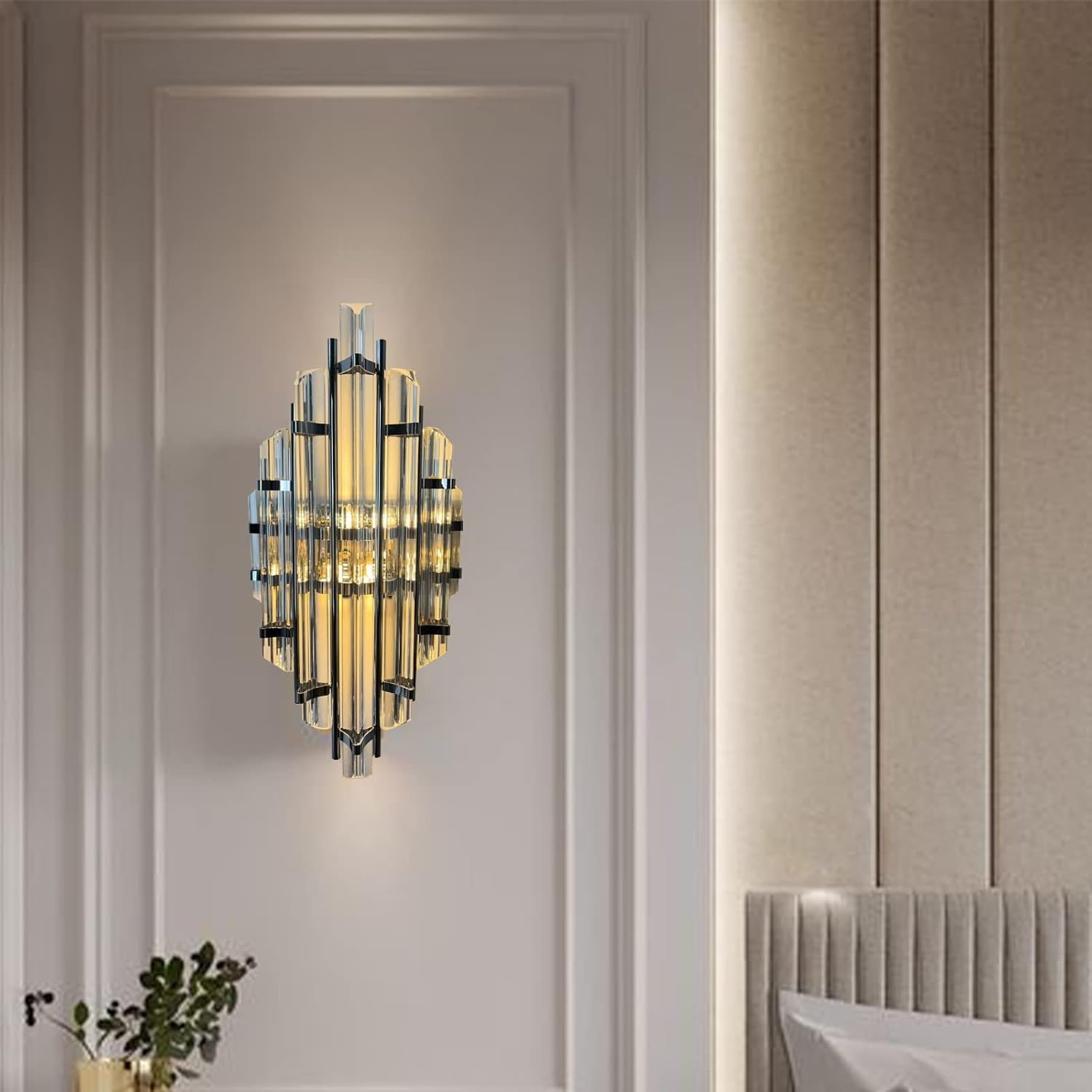 bamyum Champion Wandleuchte Chromfarbe 25 x 45 cm, Innen Kristall, Wohnzimmer Wandlampe Glas Vintage, Schlafzimmer Groß