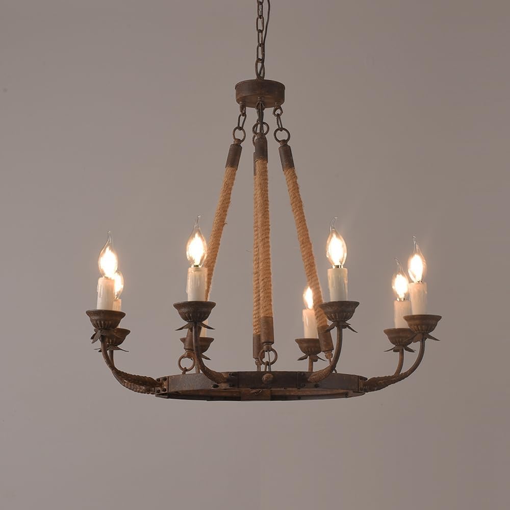 Homary Candlely 8-Light Rustikaler Kronleuchter, Eisen & Hanfseil Pendelleuchte Nautischer Stil Metall Kandelaber mit verstellbarer Kette, Vintage Bauernhaus Beleuchtung für Esszimmer & Foyer