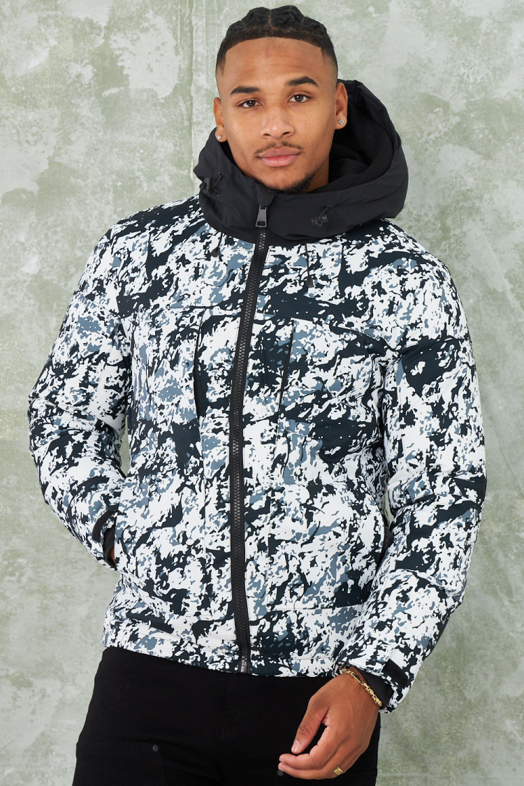 Parka noir camouflage à capuche
