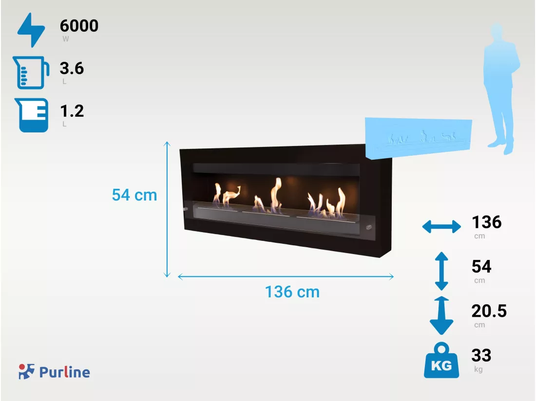 Très grande cheminée murale à l'éthanol en acier et verre trempé