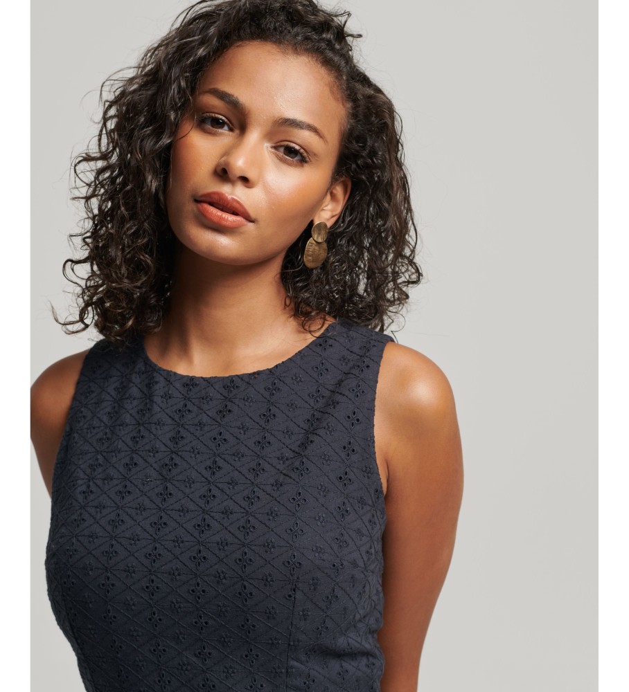 Vestido curto Superdry Vintage Broderie com detalhes vazados em azul marinho escuro.
