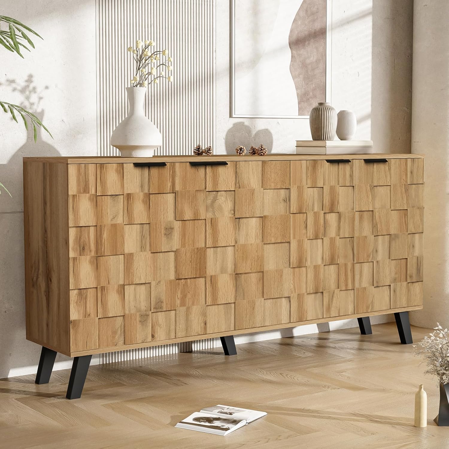 Sideboard mit 4 Türen, Kommodenschrank Holz mit Verstellbarem Fach, Wohnzimmerschränke mit Metallgriffe und Beinen, Buffetschrank für Wohnzimmer, Schlafzimmer, 160.5x35.5x78cm, Holzfarbe